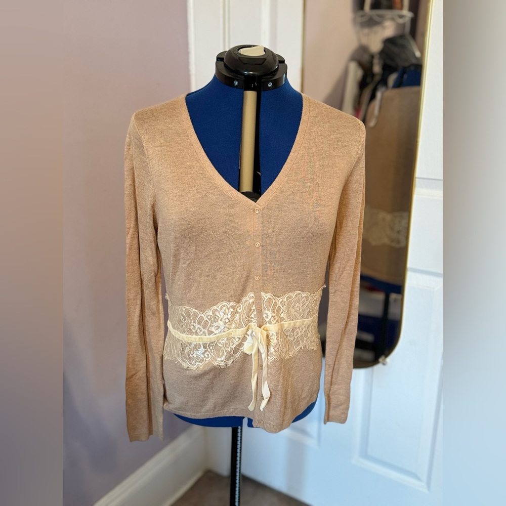 August silk heather tan wool and silk blend sweater with lace detail.